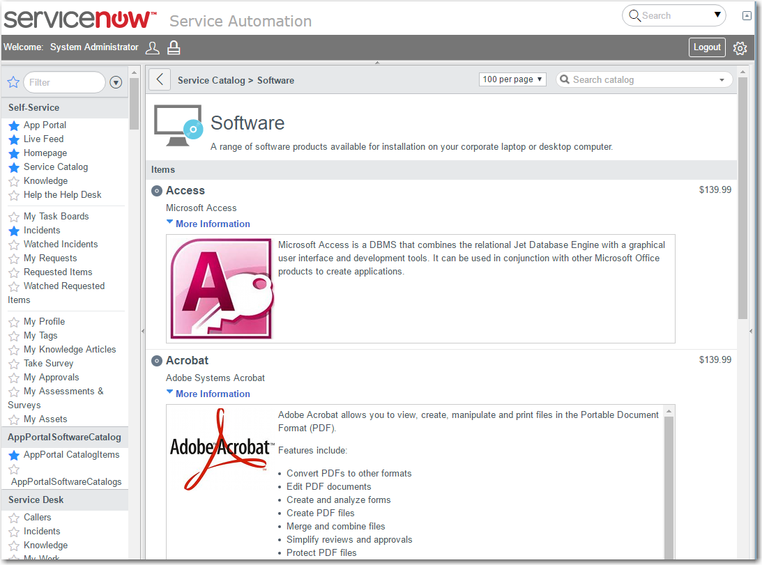 App Portal Catalog Items Displayed in ServiceNow Service Catalog Interface