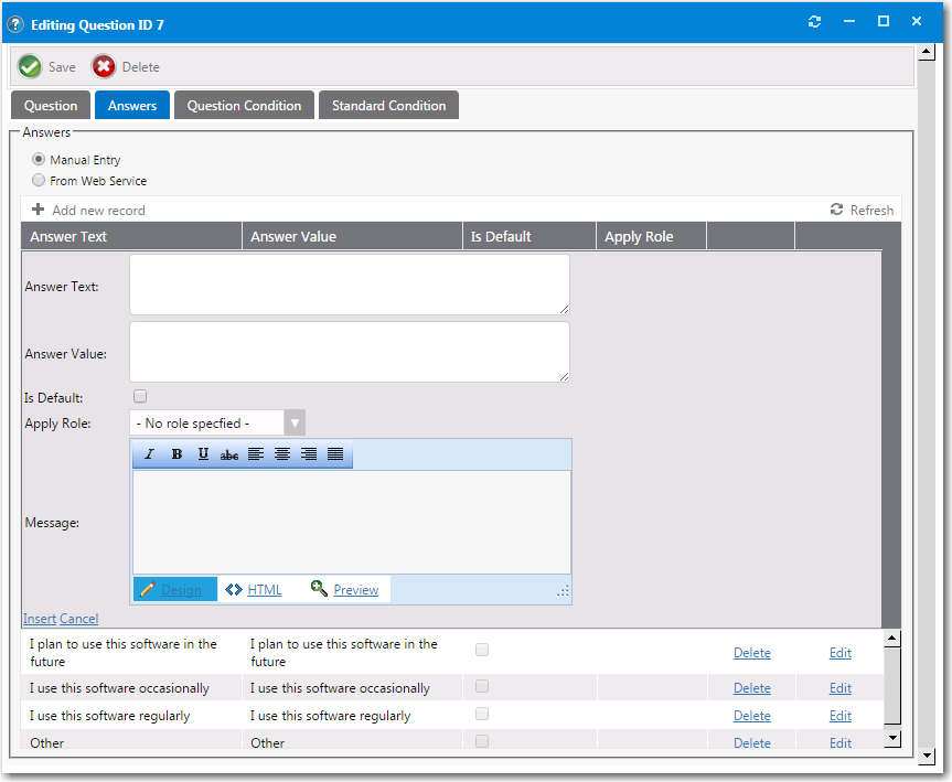 Question Properties Dialog Box / Answers Tab - New Record