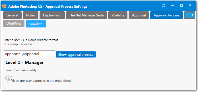 Catalog Item Properties Dialog Box / Approval Process > Simulate Tab