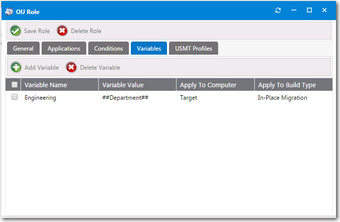 Create New Role Dialog Box / Variables Tab