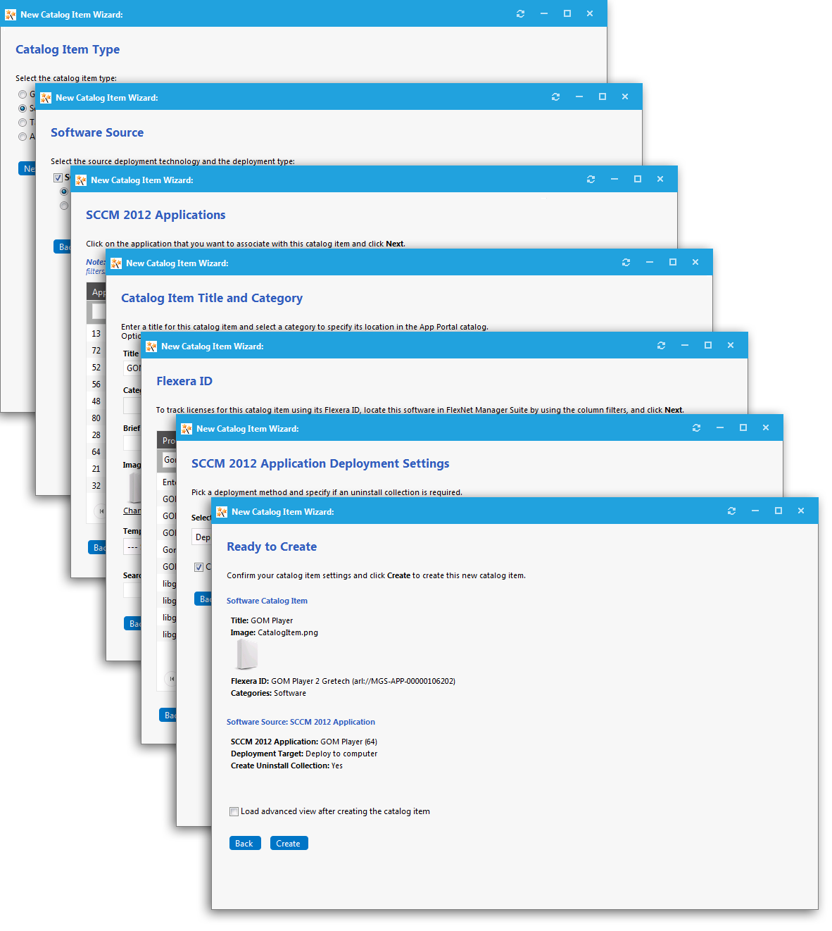 New Catalog Item Wizard Panels for an System Center 2012 Configuration Manager Application